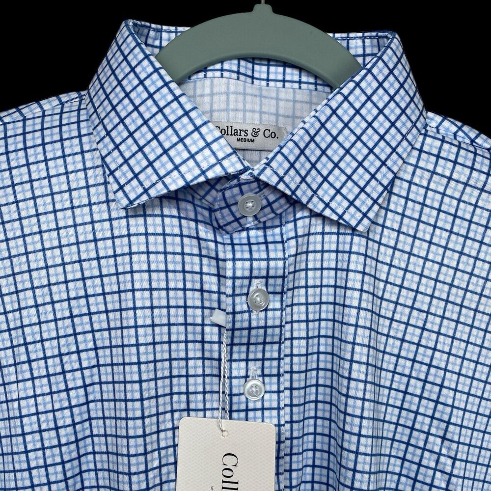 Collars & Co Polo Shirt Mens Medium Blue Tattersall Dress Collar Office Work NWT
